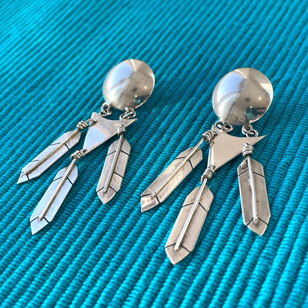 Vintage Sterling Silver Dream Catcher Feather Dangle Earrings